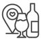 Wine Location pin with wineglass and bottle line icon. Wine point logo with heart outline style pictogram on white