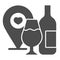 Wine Location pin with wineglass and bottle solid icon. Wine point logo with heart glyph style pictogram on white