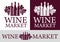 Wine market logo and signboard. Three wine bottles and grapes