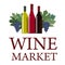 Wine market logo. Three wine bottles and grapes