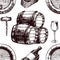 Wine pattern sketch background vector seamless winemaking barrel, grape vine glass and corkscrew