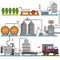 Wine production process, production beverage from grape flat vector Illustrations