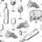 Wine seamless vector pattern. Sketch hand drawn illustration of bottle, glasses, grape vine, barrel, corkscrew.