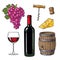 Wine set of bottle, glass, barrel, grapes, cheese, cork, corkscrew