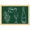 Wine set - bottle, glass, cheese, grapes. Chalk sketch on green blackboard. Vector illustration.