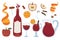 Wine set with bottle, glass, mulled wine, fruits and spices isolated on white background. Vector graphics