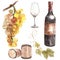 Wine set. Winemaking products in sketch style. Watercolor illustration with barrel, glass, grape twig. Classical