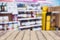 Wine shelves in supermarket blur background