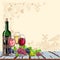 Wine still life on an old wooden surface with a vintage background