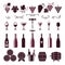 Wine symbols. Grape leaves vine tendrils bottles barrels corkscrew vector stylized pictures for labels or logo design