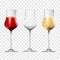 Wine transparent glasses, vector set realistic 3d style