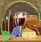 Wine Vault. Vector illustration. Barrels, bottles, cheese, grapes, stone walls. Product tasting. A glass of red wine