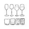 Wine and whiskey drink glasses set line drawing illustration