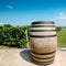 Wine with wooden barrel on vineyard in Lombardy, Italy