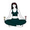 Wine yoga illustration. Young woman in crossed legs pose with glasses of white and red wine. Vector doodle line drawing.