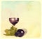 Wineglass, bottle of wine and grapes leaf.