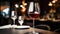 Wineglass with red wine on a table in a restaurant. Generative AI