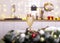 Wineglass on served dining table in decorated litchen. Merry Christmas and happy new year