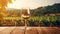 Wineglass of white wine on wooden table in vineyard.