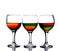 Wineglasses filled with multicolored cocktail