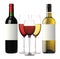 Wineglasses with red and white wine and bottles isolated