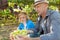 Winemakers father and son in vineyard