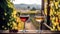 In the winery, red and white wines are being tasted. There are full wine glasses next to a window with a beautiful vineyard in the