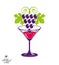 Winery theme vector illustration. Stylized half full martini glass with grapes cluster, racemation symbol best for use in