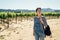 Winery vineyard woman tourist walking wine farm