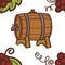 Winery wine barrel with tap grapes seamless pattern