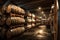 Winery, wine cellar with wine barrels wooden, illustration. Generative AI