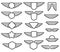 Wing army emblems, aviation badges, pilot labels line vector set