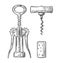 Wing corkscrew, basic corkscrew and cork. Black vintage engraved illustration on white background. For label, post