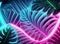 wing Neon Light on Fluorescent Tropic Leaves Background and neon curved wave, Generative AI