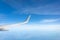 Wing view of the airplane on a winglets, clouds on the skyline during climbing flight level.