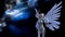 Winged being in a space suit dancing in space with a nebula and stars in the background