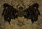 Winged demon with evil symbols and pentagram on cosmic texture background