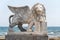 Winged Lion of Venice statue at Foinikoudes promenade. Smiling lion monument, Larnaca. Cyprus
