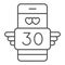 Winged love message 30 in smartphone thin line icon, love and dating concept, text thirty vector sign on white