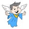 Winged male angel flying into the sky happy face, doodle icon image kawaii