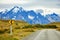 Winging road sign in Torres del Paine