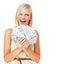 Wink, money and woman cash winner surprised, wow and excited isolated against a studio white background. Rich, euro and