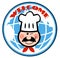 Winking chef face over a globe