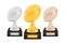 Winner american football awards set, gold silver bronze trophy cups on stands with empty plates