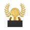 Winner Award Cube Gold Laurel Wreath Podium, Stage or Pedestal with Golden Award Loyalty Program Bonus Coin. 3d Rendering