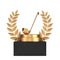 Winner Award Cube Gold Laurel Wreath Podium, Stage or Pedestal with Golden Kitchen Soup Ladle. 3d Rendering