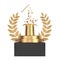 Winner Award Cube Gold Laurel Wreath Podium, Stage or Pedestal with Golden Magic Hat and Wand with Gold Sparkles. 3d Rendering