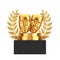 Winner Award Cube Gold Laurel Wreath Podium, Stage or Pedestal with Golden Smiling Comedy and Sad Drama Grotesque Theatre Mask. 3d