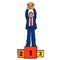 Winner businessman with winning cup standing on podium. Vector