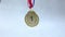 Winner or champion gold trophy medal on concrete stone grey background. Victory first place of competition. Winning or